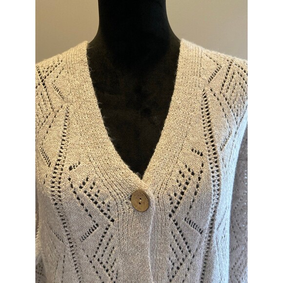 Cardigan Casual Long Size Large  Dark Cream Tan Pointelle Knitted Button Front - Picture 3 of 10